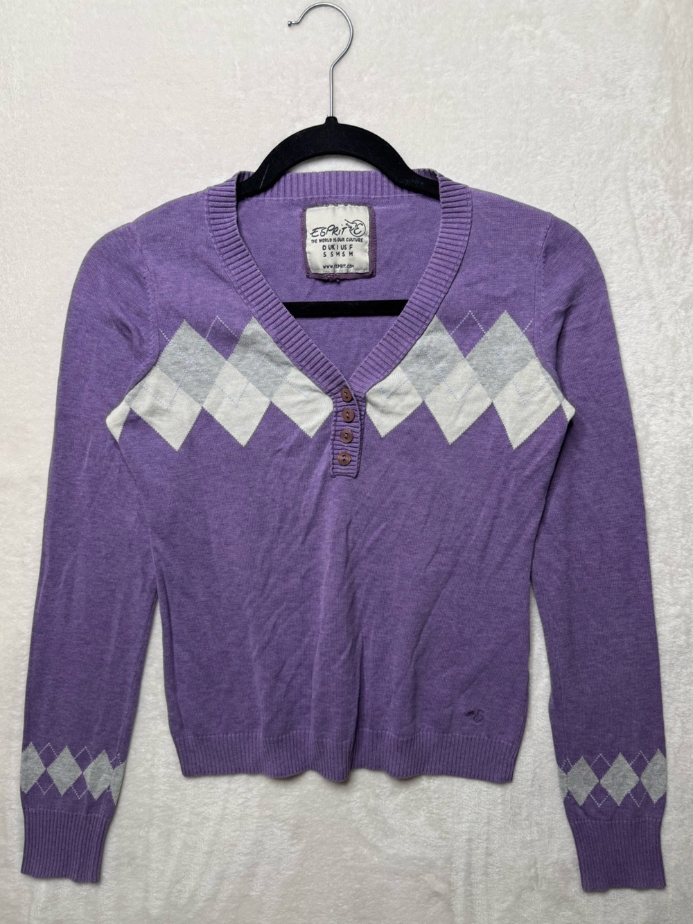 Esprit 100% Cotton Purple V-Neck Argyle Knit Pullover Sweater Henley Top Preppy